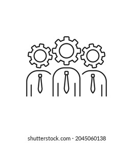 thin line development project icon with people. concept of total effort or office job organization or innovation. flat linear trend modern creative logotype graphic stroke art design isolated on white