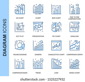 Thin Line Diagram Related Vector Icons Set for Website and Mobile Site and Apps. Outline icons design. Contains such Icons as Pie Chart, Round Diagram, Infographics and more. Linear Pictogram Pack.