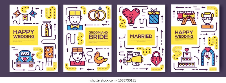 Thin line different decorations brochure card set.  Food arranged for wedding ceremony of flyer, magazines, poster, book cover, banner. Outline decorated room invitation concept background.