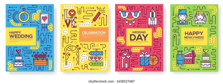 Thin line different decorations brochure card set.  Food arranged for wedding ceremony of flyer, magazines, poster, book cover, banner. Outline decorated room invitation concept background.