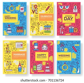 Thin line different decorations brochure card set.  food arranged for wedding ceremony of flyear, magazines, poster, book cover, banner. Outline decorated room invitation concept background.