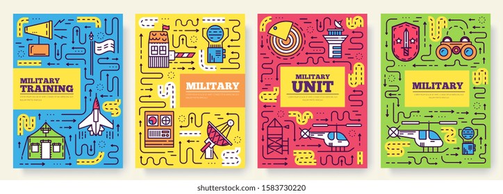 Thin line different rocket weapons brochure card set.  Vehicles on military base template of flyer, magazines, poster, book cover, banners. Outline invitation concept