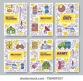 Thin line different rocket weapons brochure card set.  Vehicles on military base template of flyear, magazines, poster, book cover, banners. Outline invitation concept