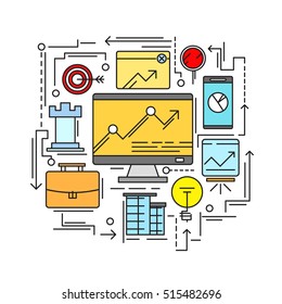 Thin line digital background with business and office elements