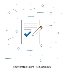 Thin Line Document Icon with check mark. Minimalist Approve Related Vectors. Exam Document with check symbol and pencil on it. Pattern Design with Blue circles and lines.. Pixel Perfect.