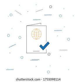 Thin Line Document Icon with check mark and round globe icon on it. Minimalist Approve Related Vectors. Pattern Design with Blue circles and lines. Brochure design. Editable Stroke. Pixel Perfect.