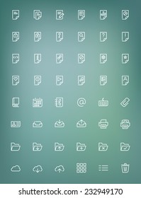 Thin line document icons set for web and mobile apps. White icons on the blurred background. Document, file, folder, cloud, printer, archive