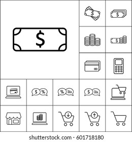 thin line dollar icon on white background, money, shopping icons set