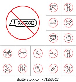 thin line dont use cutter sign on white background, prohibition of dangerous items set