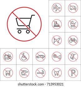 thin line dont use shopping cart sign on white background, transport prohibition signs