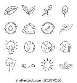 Thin line doodle icons set ecology, environment and sustainability concept. Collection of hand drawn line symbols.