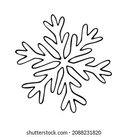 Thin line doodle snowflake. Ice crystal hand drawn. Vector of frosty pattern. Winter snow ornament. Christmas illustration isolated on white background.