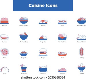 
Thin line with dotted shaded icon set of Cuisine with dark pink and blue accent