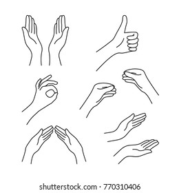 thin line drawing black hands collection. concept of religion symbol, gesturing set, applause, harmony, love, peace or help. linear cartoon style trend logo graphic design isolated on white background