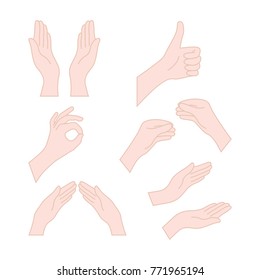 thin line drawing flesh color hands. concept of religion symbol, gesturing set, applause, harmony, love, respect or help. flat cartoon style trend logo graphic design isolated on white background