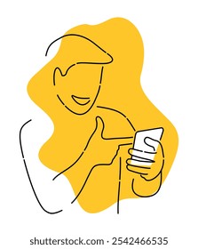 Dibujo delgado de la línea del hombre joven sonriente que sostiene el smartphone