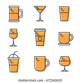 Thin Line Drink Icons For Business, Interface. Wine, Beer, Tea, Brandy, Coffee, Water, Cocktail