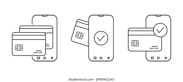 Icono de pago sin contacto fácil de la línea delgada, teléfono con la tarjeta de crédito, icono del contorno de la marca de verificación, concepto de pago en línea. Transferencia de dinero digital. Billetera bancaria segura o verificada. eps 10.