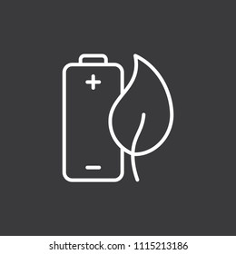 thin line eco battery with leaf icon on dark background