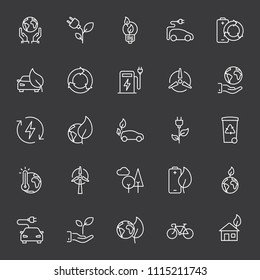 thin line ecology icons set on dark background