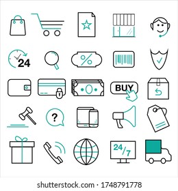 Thin line e-commerce collection on white background. Bar code, 24/7, online shopping, applicaton vectors and many more. Editable stroke. Eps10. Set of web icons.