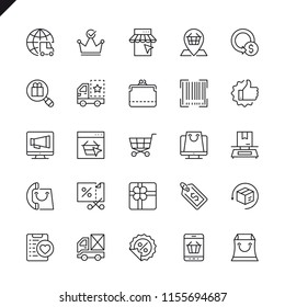 Thin line e-commerce, online shopping and delivery elements icons set for website and mobile site and apps. Outline icons design. 48x48 Pixel Perfect. Linear pictogram pack. Vector illustration.