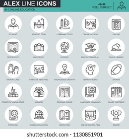 Thin line education and knowledge icons set for website and mobile site and apps. Contains such Icons as Online Course, University, Studying. 48x48 Pixel Perfect. Editable Stroke. Vector illustration.