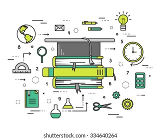 Thin line education objects modern illustration concept. Infographic way from study to knowledge. Icons on isolated white background. Flat vector template design for web and mobile application