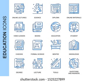 Thin Line Education Related Vector Icons Set for Website and Mobile Site and Apps. Outline icons design. Contains such Icons as Online Education, Video Lesson, E-books and more. Linear Pictogram Pack.