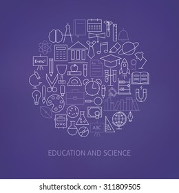 Thin Line Education Science School Icons Set Circle Shaped Concept. Vector Illustration of Knowledge and Learning Objects over Purple Background