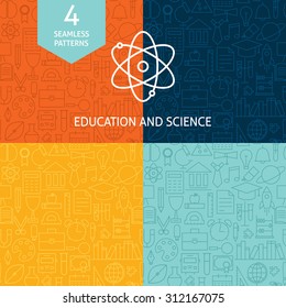 Thin Line Education Science School Patterns Set. Four Vector Knowledge and Wisdom Design and Seamless Background in Trendy Modern Line Style.