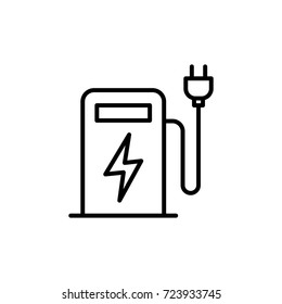 thin line electric car charge station icon on white background