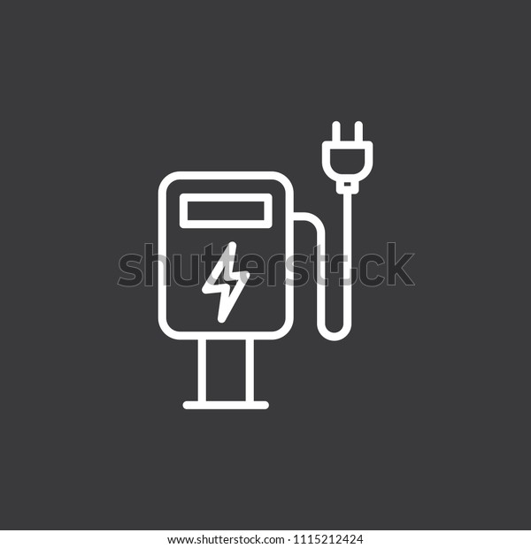 thin line electric car charge station icon on\
dark background