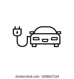 Thin line electric car icon on white background.