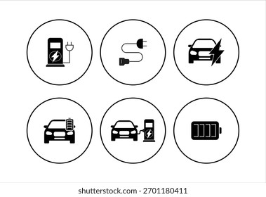 Conjunto de iconos de coche eléctrico de línea delgada. Icono de carga del coche. Trazos editables. Ilustración vectorial.