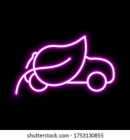 Thin line electric car with leafs pink glowing neon ui ux icon. Glowing sign logo vector