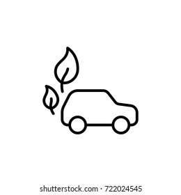 thin line electric car with leafs icon on white background