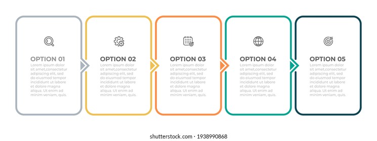 Thin line elements infographic label design with arrows. Business concept with icons and 5 options or steps.