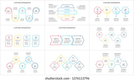 Thin line elements set for infographic. Template for diagram, graph, presentation and chart. Business concept with 3, 4 and 5 options, parts, steps or processes.