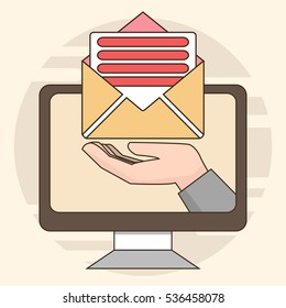 Thin Line Email marketing conceptual, Hand from a monitor screen holding e-mail letter, Vector illustration