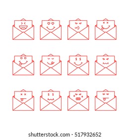thin line emoji set messages in letters. concept of mailbox, simple chat, foodie yum, humor, sad, satisfy, hate, bored, anger, dead. flat style trend modern logotype graphic design on white background