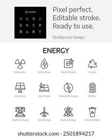 thin line energy icon. radioactive, hydro power, nuclear, electric, recyle. modern vector illustration.