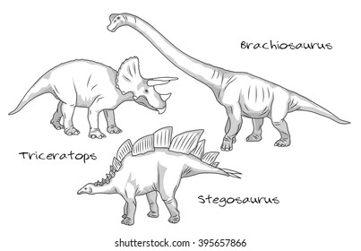 Thin line engraving style illustrations, various kinds of prehistoric dinosaurs, it includes brachiosaurus, stegosaurus and triceratops.