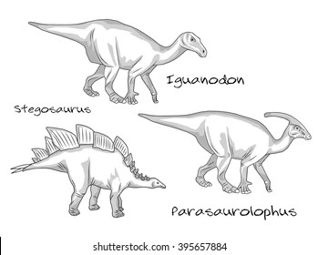 Thin line engraving style illustrations, various kinds of prehistoric dinosaurs, it includes stegosaurus, parasaurolophus, iguanodon