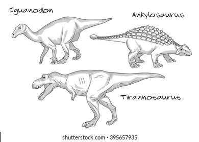 Thin line engraving style illustrations, various kinds of prehistoric dinosaurs, it includes iguanodon, tyrannosaurus t-rex, ankylosaurus