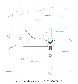 Thin Line Envelope Icon with check mark. Minimalist Approve Related Vectors. Envelope with check symbol. Message, mail logo. Pattern Design with Blue circles and lines. Editable Stroke. Pixel Perfect.