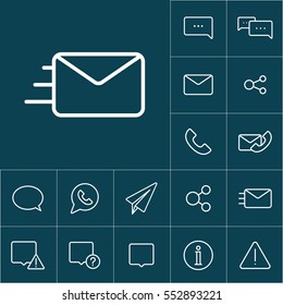 thin line envelope icon on blue background, communication set