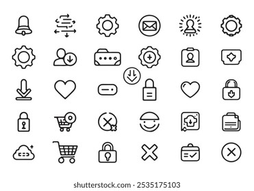 Thin Line Essential User Interface (UI) Icons Set - Cloud, Lock, Heart, Cart, Settings, and More