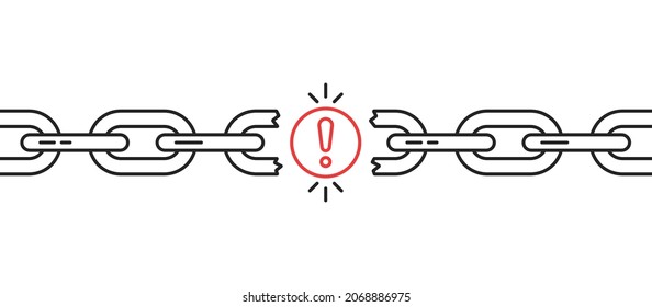thin line exclamation mark like broken chain icon. flat stroke art trend modern linear disruption logotype graphic design isolated on white background. concept of system error or unleash or disconnect