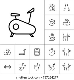 thin line exercise bike icon, workout training set on white background